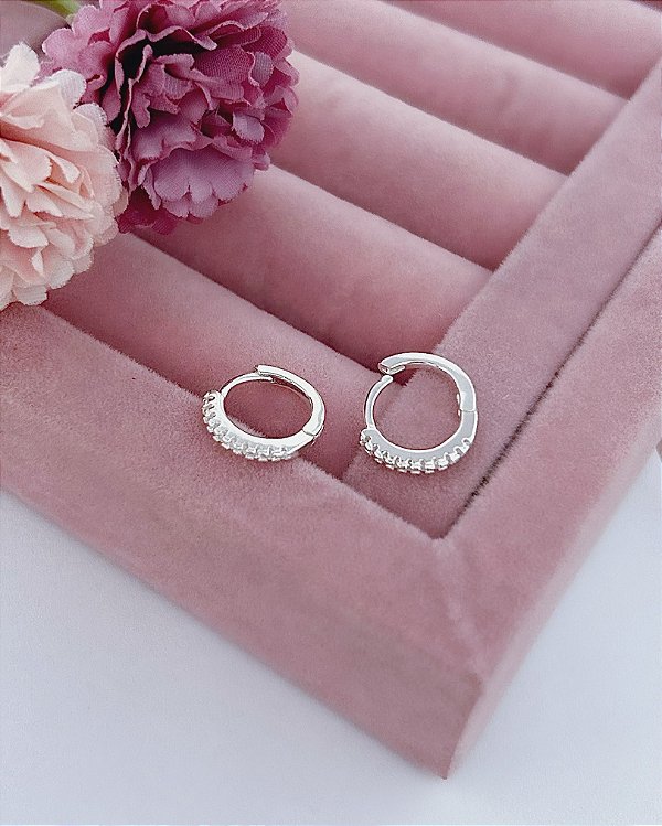 Brinco Argola Click Cravejada 1,2cm x 2mm - Prata 925