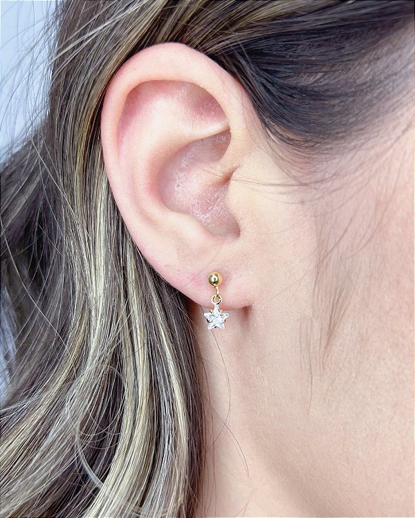 Brinco Infantil Bolinha c/ Estrela Pendurada 1,2cm - Banho de Ouro 18k