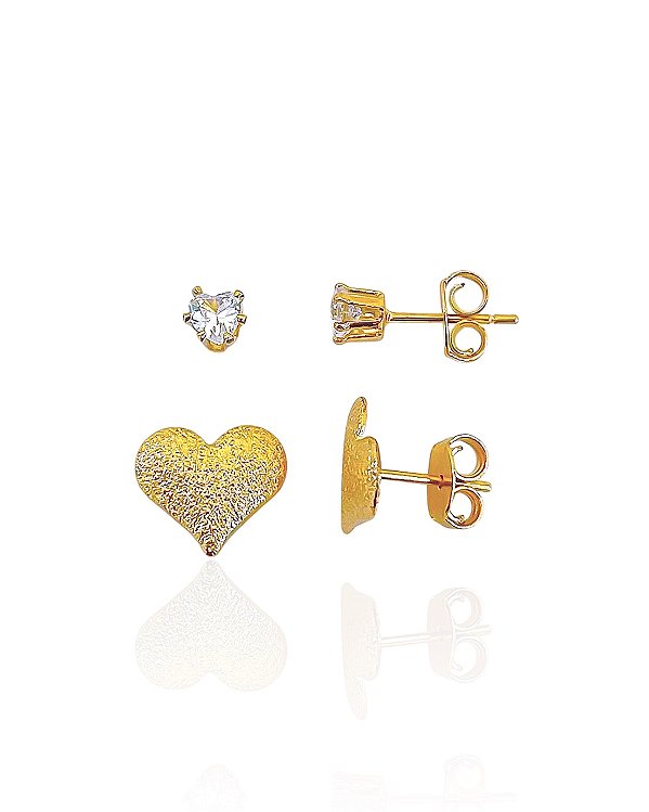 Brinco Duo Ponto de Luz Coração e Coração - Banho de Ouro 18k