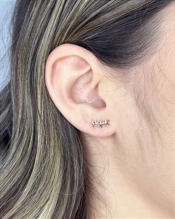 Brinco Ear Cuff 3 Estrelas 1,1cm - Banho de Ouro 18k