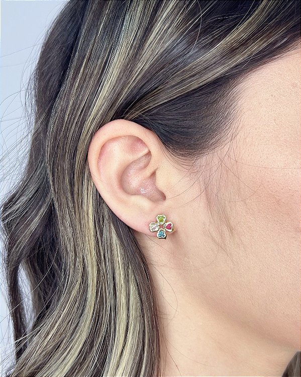 Brinco Trevo Colorido 1,1cm - Banho de Ouro 18k