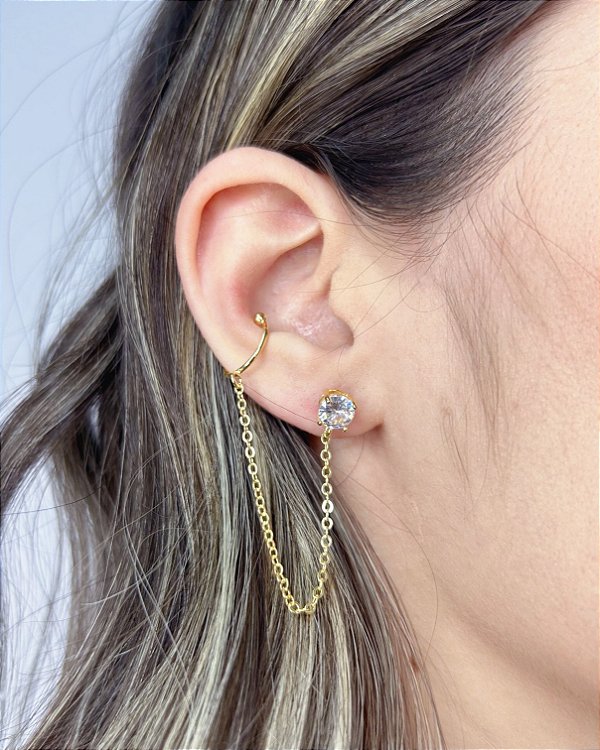 Brinco Ear Line Corrente e Ponto de Luz - Banho de Ouro 18k