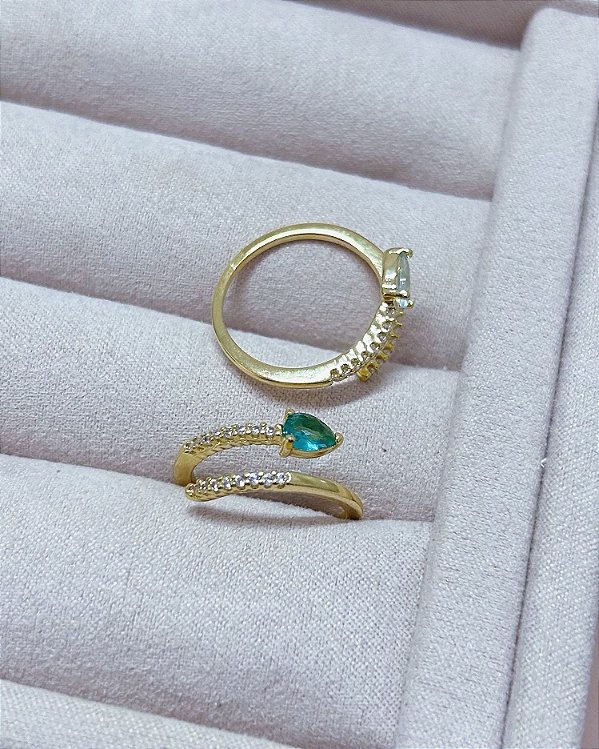 Anel Duas Pontas Cravejadas Azul Regulável - Banho de Ouro 18k