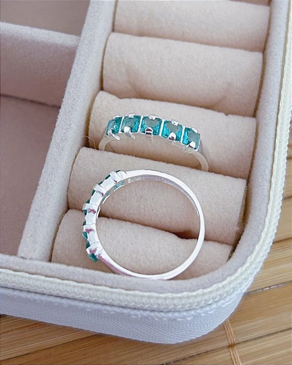 Anel Meia Aliança 5 Zircônias Verde Água - Prata 925