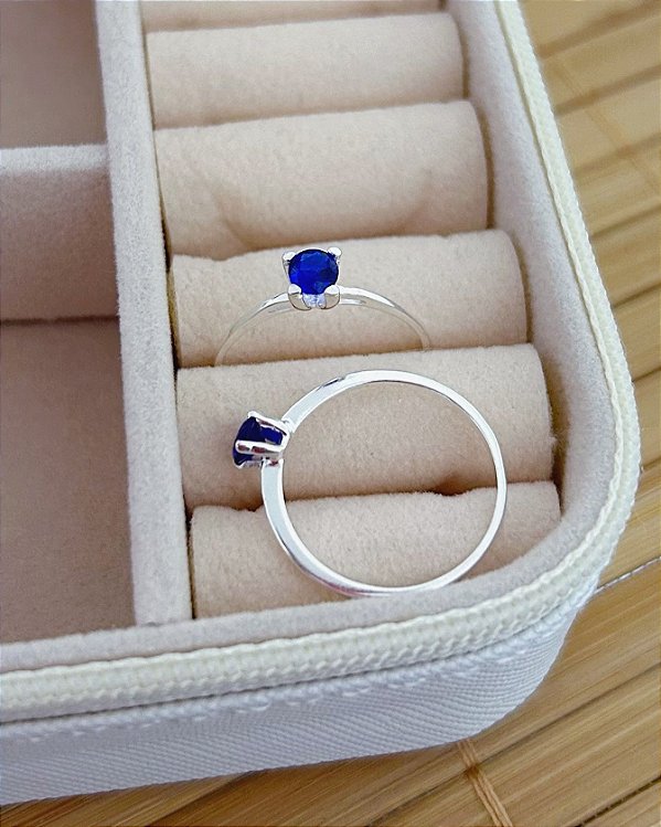 Anel Solitario Zircônia Azul - Prata 925