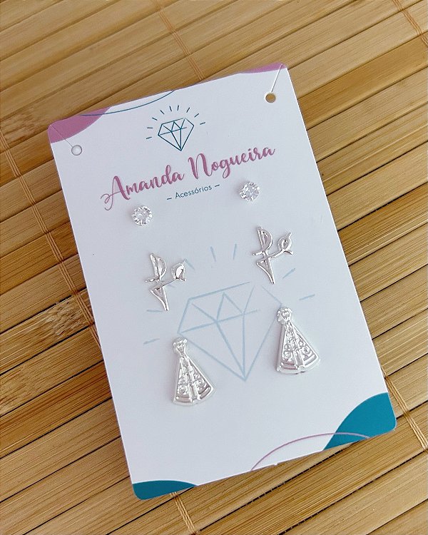 Brinco Trio Ponto de Luz, Fé e Nossa Senhora - Prata 925