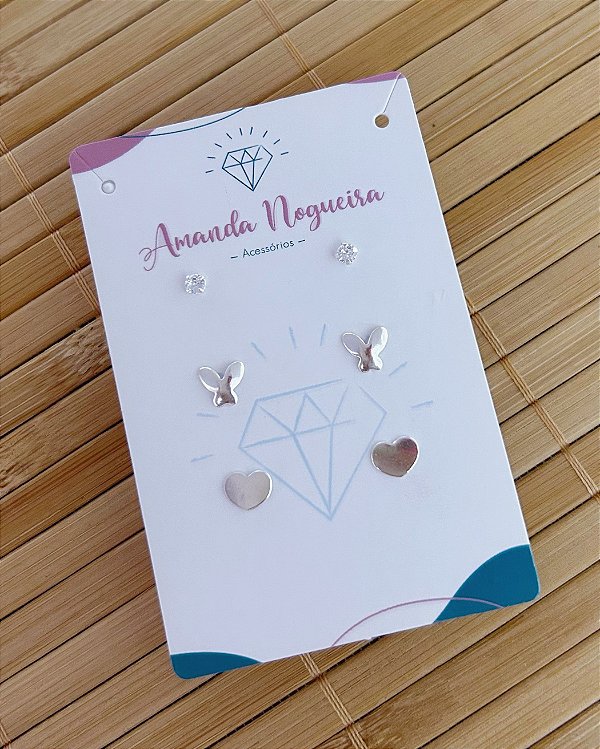 Brinco Trio Ponto de Luz, Borboleta e Coração Fofo - Prata 925