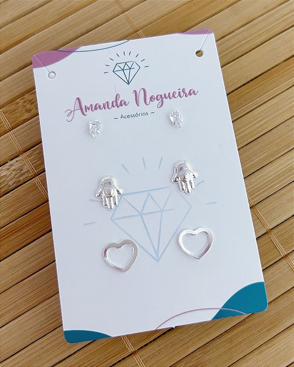 Brinco Trio Ponto de Luz Gota, Mão de Fatima e Coração Vazado - Prata 925