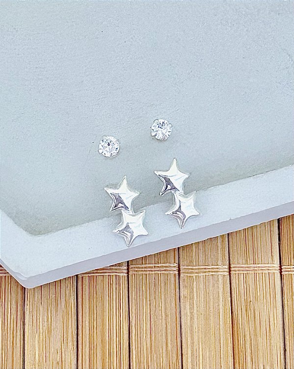 Brinco Duo Ponto de Luz e Estrela Dupla - Prata 925