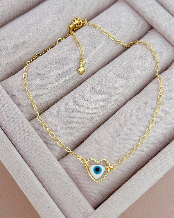 Tornozeleira Coração Vazado c/ Olho Grego 25cm + 5cm de extensor - Banho de Ouro 18k
