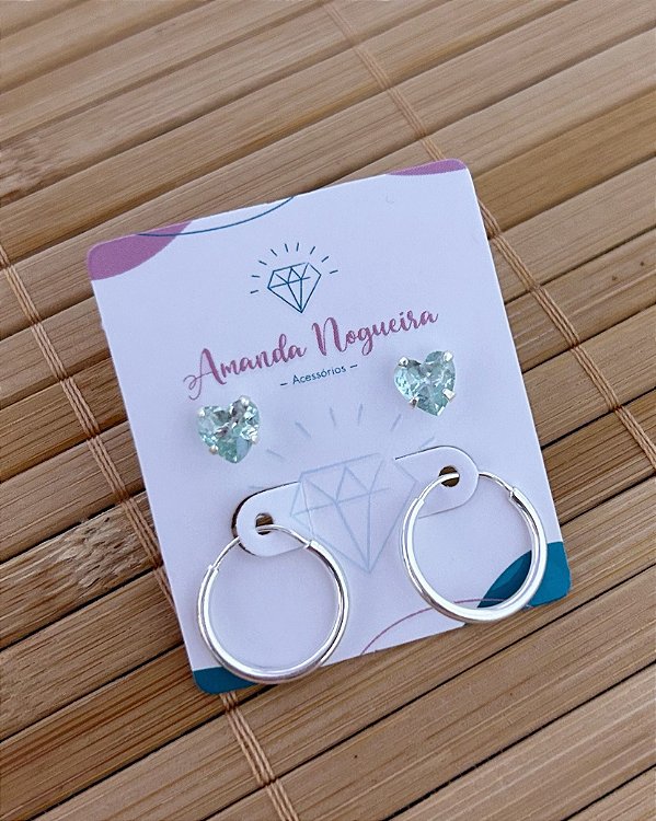 Brinco Duo Coração Zircônia Verde e Argolinha - Prata 925