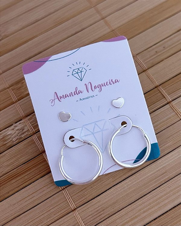 Brinco Duo Mini Coração Fofo e Argolinha - Prata 925