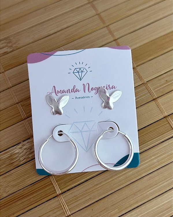 Brinco Duo Borboleta e Argolinha - Prata 925