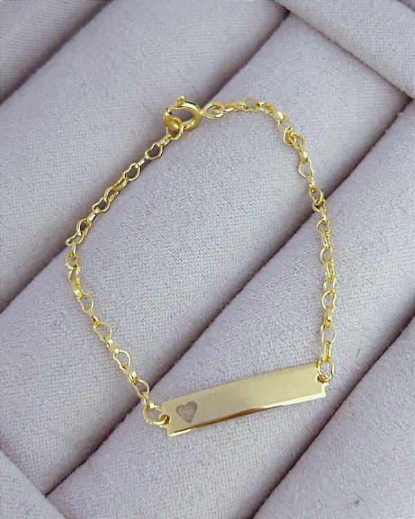 Pulseira Infantil Plaquinha c/ Coração Vazado 15cm - Banho de Ouro 18k