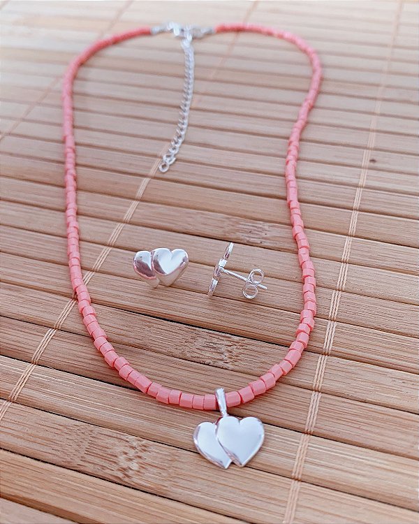 Conjunto Chocker Miçanga + Brinco Coração Duplo - Prata 925