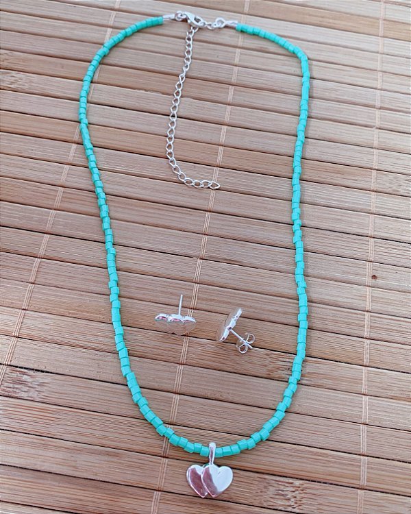 Conjunto Chocker Miçanga + Brinco Coração Duplo - Prata 925