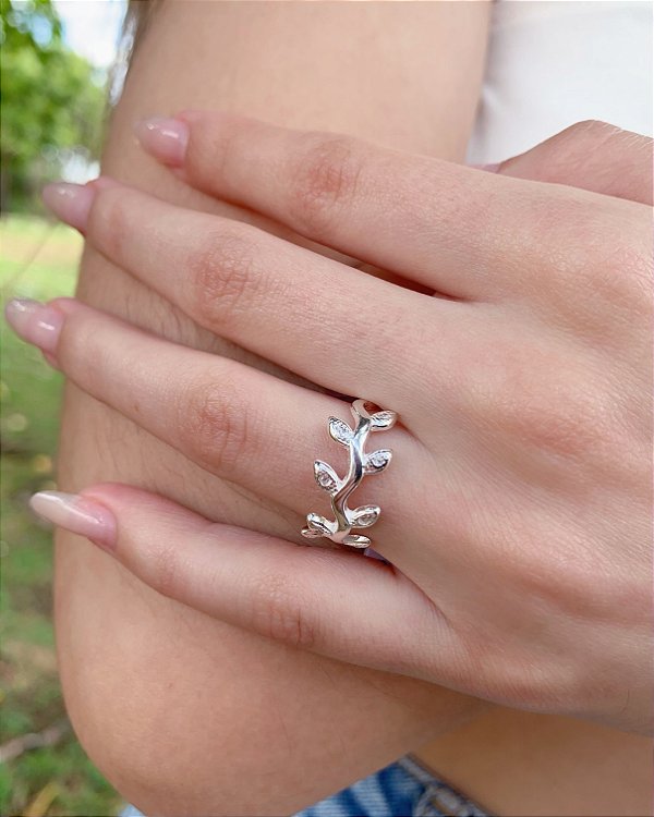 Anel Folhagem c/ Zircônia - Prata 925