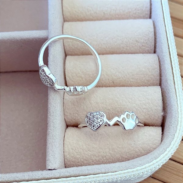 Anel Coração Cravejado + Patinha - Prata 925