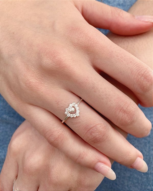 Anel Coração Cravejado c/ Mini Coração - Prata 925