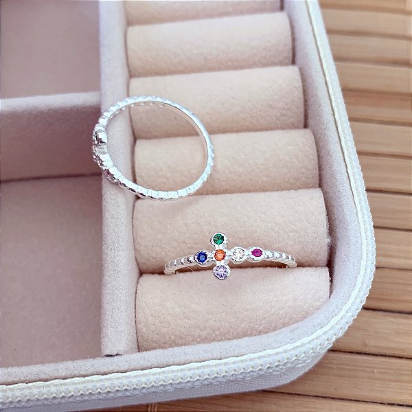 Anel Cruz Cravejada Colorida - Prata 925