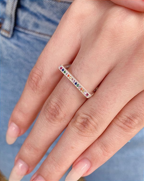 Anel Quadrado Cravejado Colorido - Prata 925