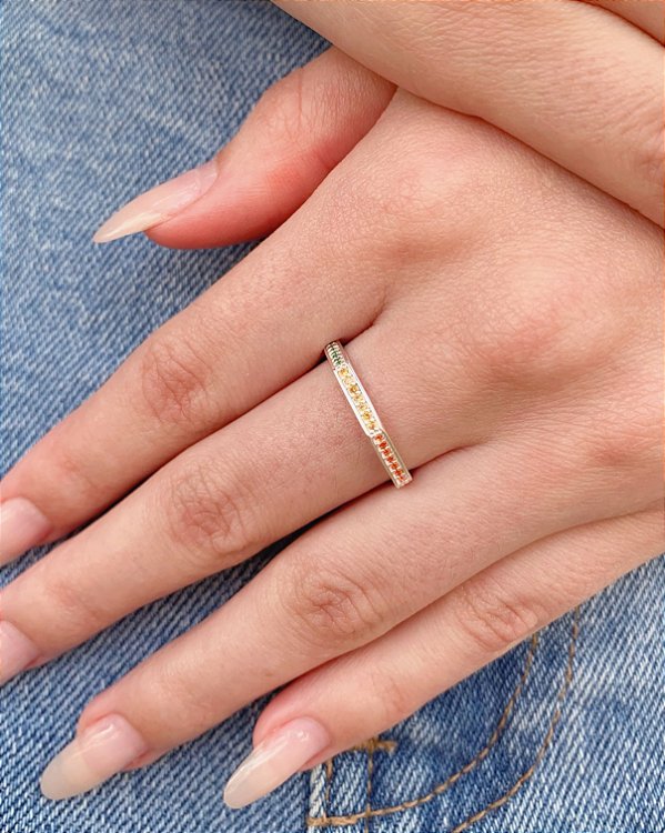 Anel Hexagonal Cravejado Colorido - Prata 925