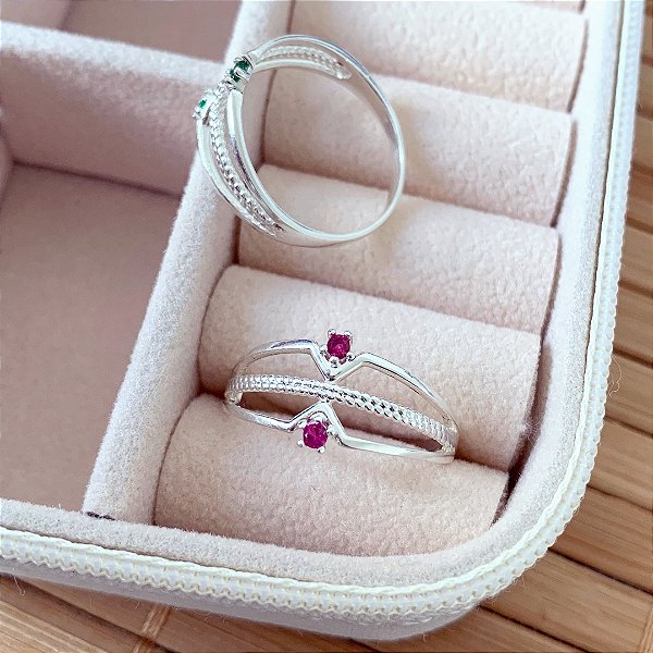 Anel 3 Linhas c/ 2 Zircônias Pink - Prata 925