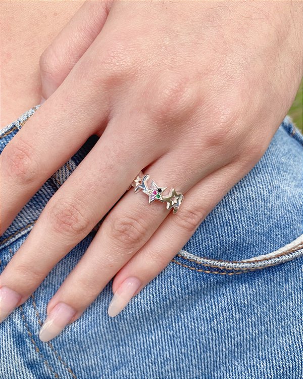Anel Estrela Cravejada Colorida + Vazada - Prata 925