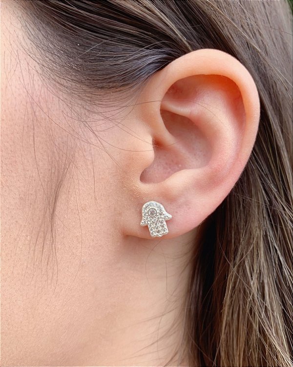 Brinco Mão de Fatima (Hamsa) Cravejada - Prata 925