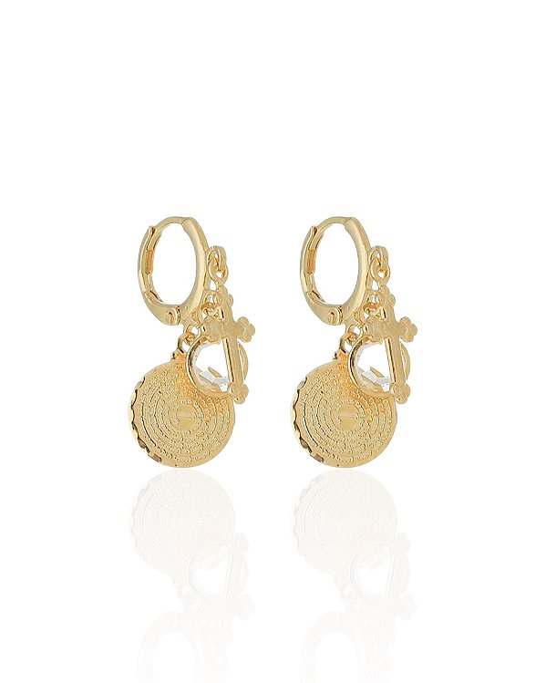 Brinco Argolinha c/ Pingente Triplo (Cruz, Cristal e Pai Nosso) - Banho de Ouro 18k