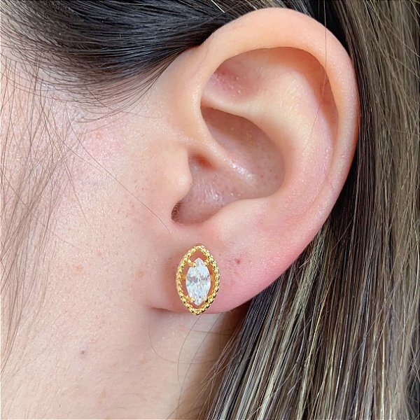Brinco Navete c/ Zirconia Incolor - Banho de Ouro 18k