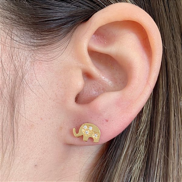 Brinco Elefante c/ Zirconia Incolor - Banho de Ouro 18k