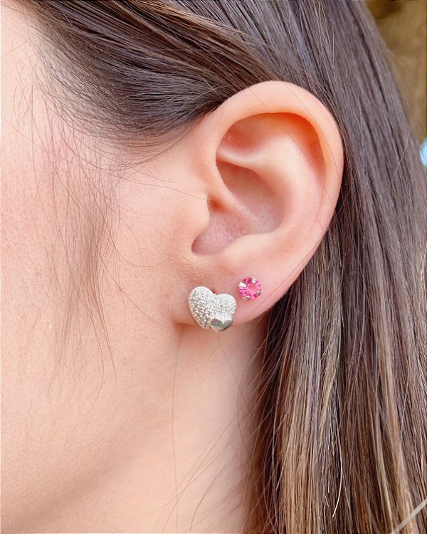 Brinco Coração Cravejado c/ Mini Coração - Prata 925