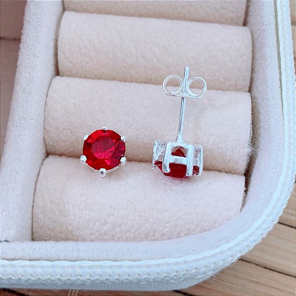 Brinco Ponto de Luz Vermelho 6mm - Prata 925