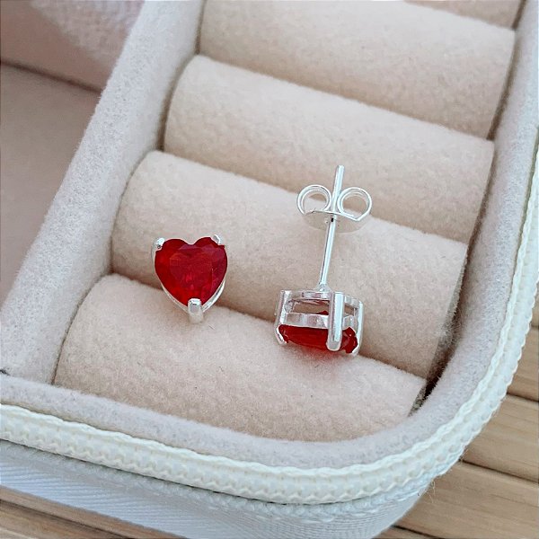 Brinco Coração Vermelho 6mm - Prata 925