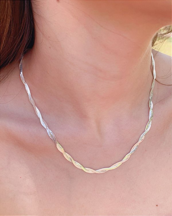Colar 2 Fios Laminado Trançado 45cm - Prata 925