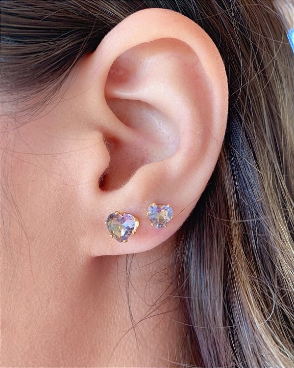 Brinco Duo Coração Zircônia - Banho de Ouro 18k