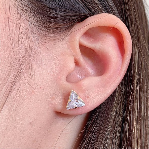 Brinco Triângulo Zircônia Incolor Grande - Banho de Ouro 18k