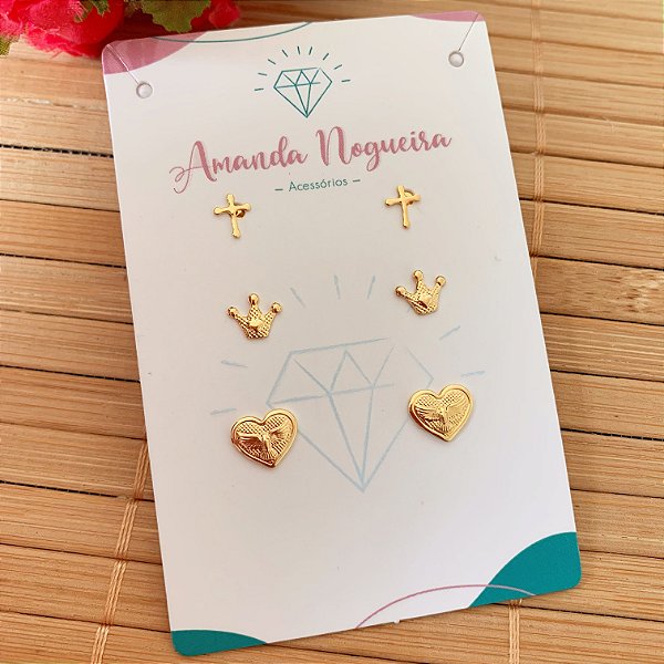 Brinco Trio Coração, Coroa e Cruz - Banho de Ouro 18k