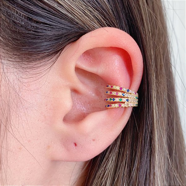 Brinco Piercing Fake Linhas Cravejadas c/ Zirconia Colorida - Banho de Ouro 18k