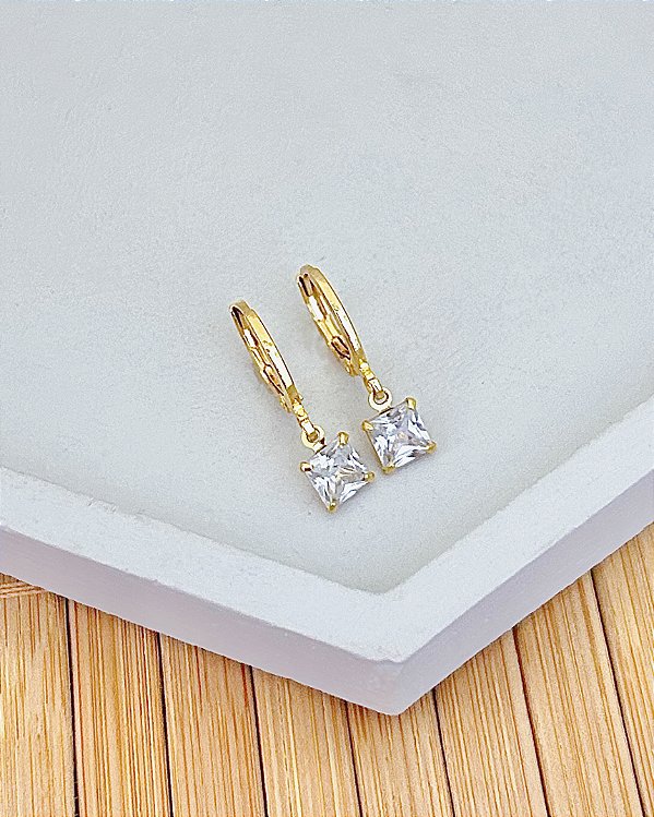 Brinco Argolinha com Pingente Zirconia Quadrada Incolor - Banho de Ouro 18k