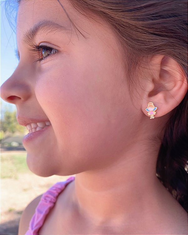 Brinco Infantil Fada Resina Colorida - Banho de Ouro 18k
