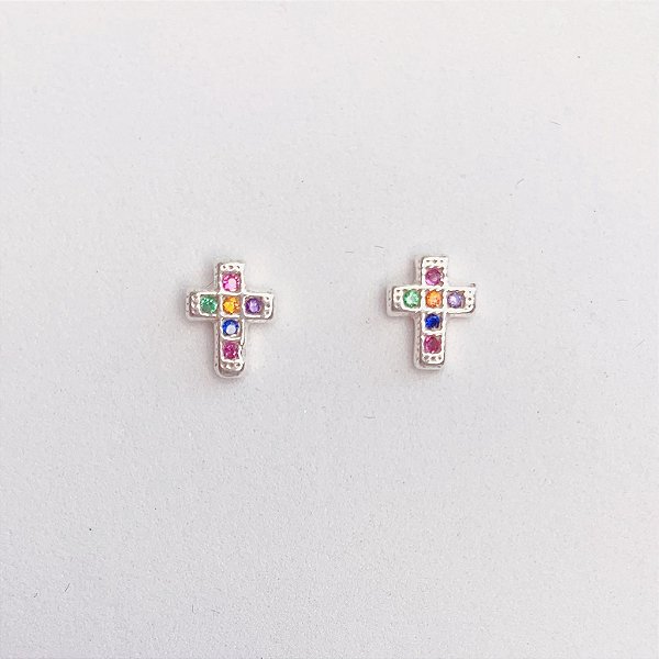Brinco Mini Cruz c/ Zirconia Colorida 0,7cm - Prata 925