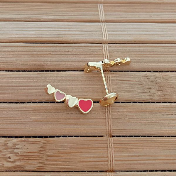 Brinco Infantil Corações Resina Rosa - Banho de Ouro 18k