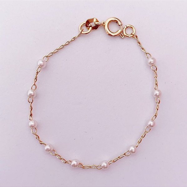Pulseira Infantil Mini Perola 14cm - Banho de Ouro 18k
