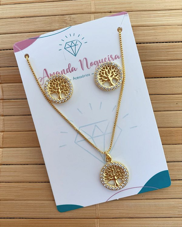 Conjunto Colar + Brinco Arvore da Vida Cravejado 45cm  - Banho de Ouro 18k