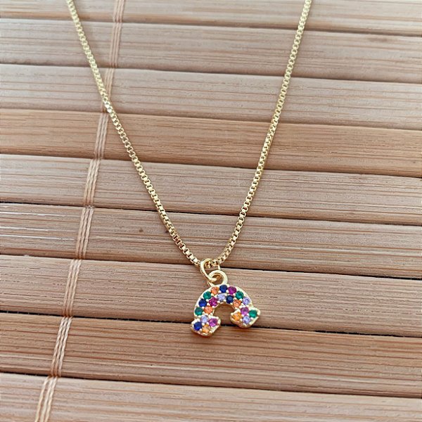 Colar Infantil Nuvem Cravejada Colorida 35cm - Banho de Ouro 18k