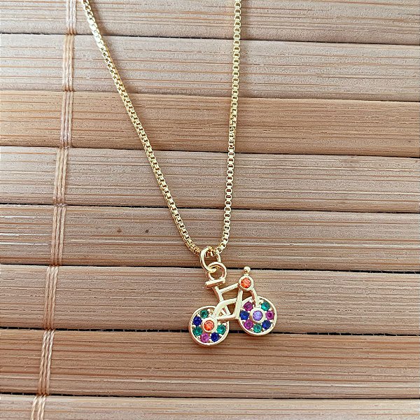 Colar Infantil Bicicleta Cravejada Colorida 35cm - Banho de Ouro 18k