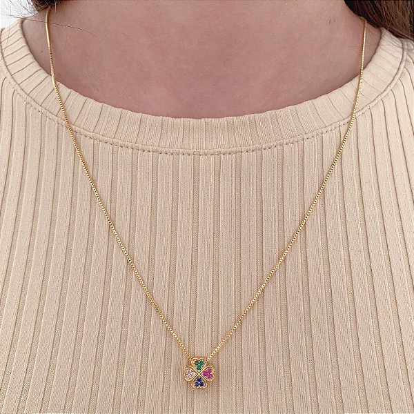 Colar Trevo Cravejado Colorido 70cm - Banho de Ouro 18k