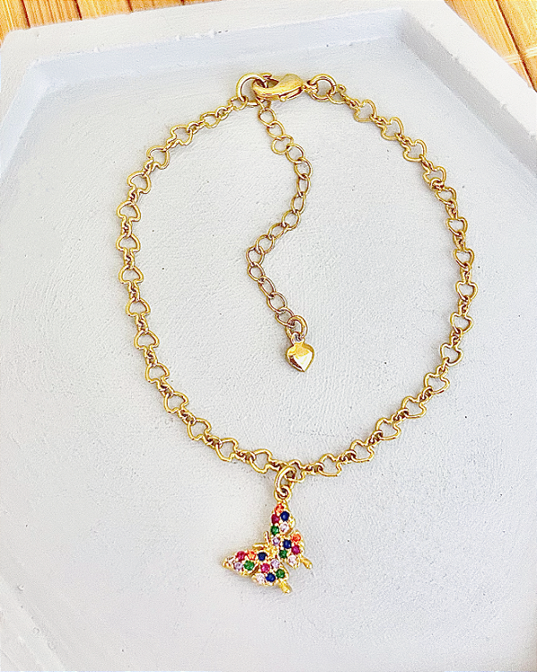Pulseira Borboleta Cravejada Colorida c/ Elo Cadeado Coração - Banho de Ouro 18k